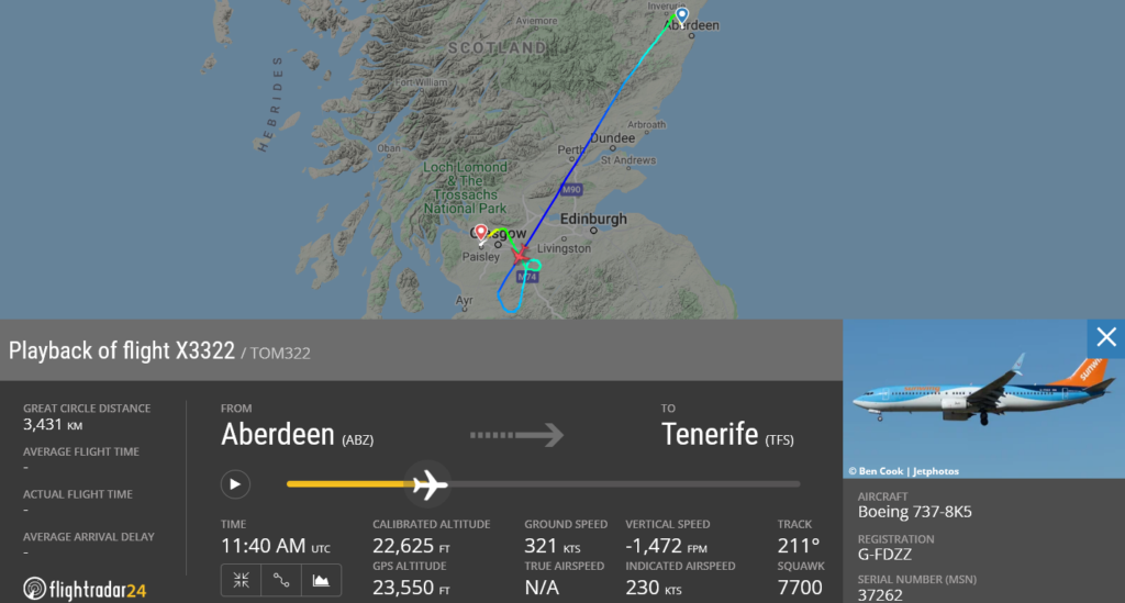 TUI fly flight X3322 declared an emergency and diverted to Glasgow due to medical emergency