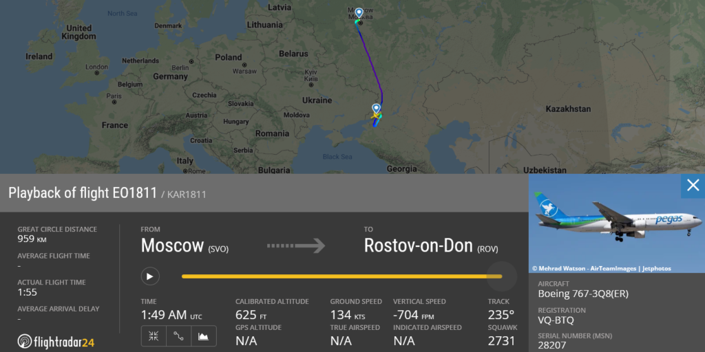 Pegas Fly flight EO1811 diverted to Rostov-on-Don due to electrical issue