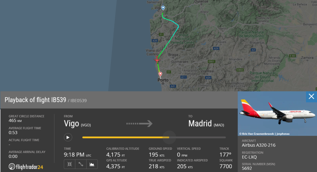 Iberia flight IB539 declared an emergency and diverted to Porto due to landing gear issue