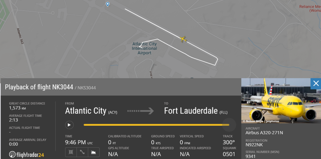 Spirit Airlines flight NK3044 from Atlantic City to Fort Lauderdale suffered possible bird ingestion