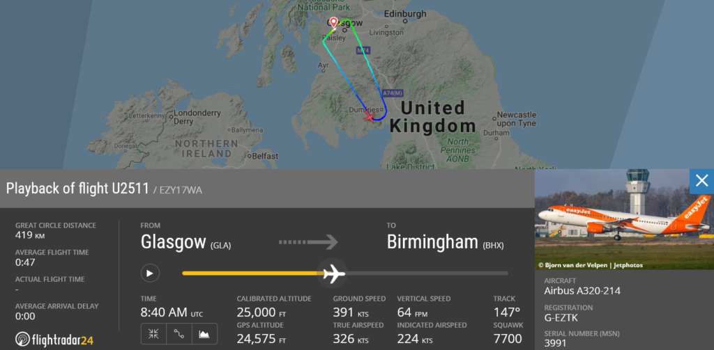 EasyJet flight U2511 declared an emergency and returned to Glasgow due to medical emergency