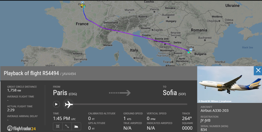 Jordan Aviation flight R54494 diverted to Sofia due to medical emergency