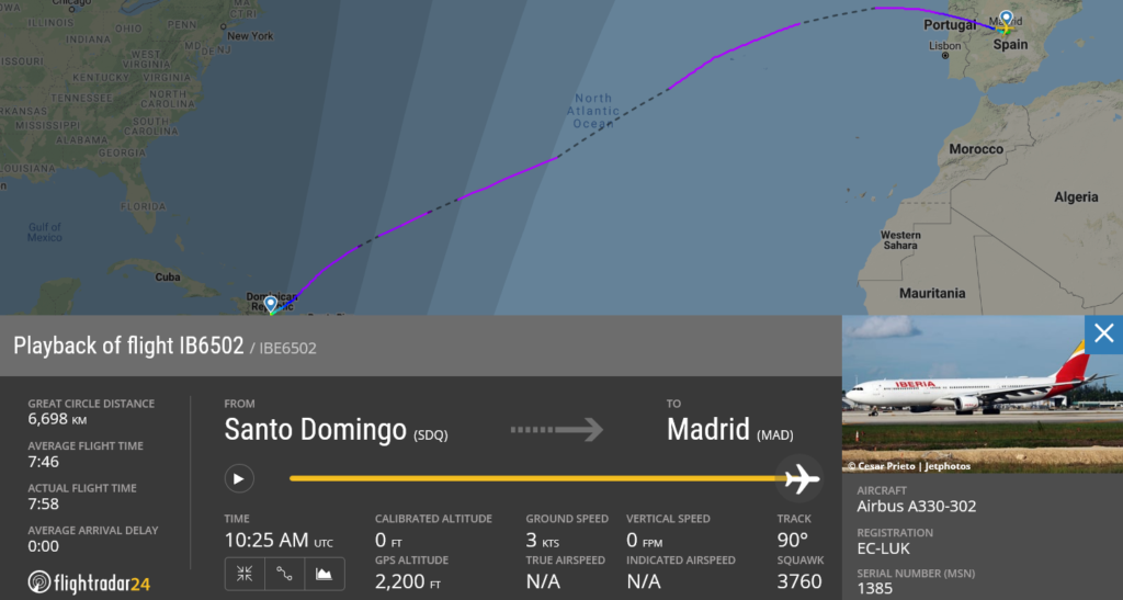 Iberia flight IB6502 from Santo Domingo to Madrid suffered medical emergency