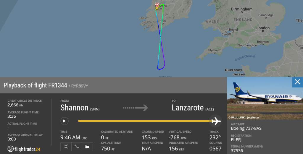 Ryanair flight FR1344 returned to Shannon due to medical emergency
