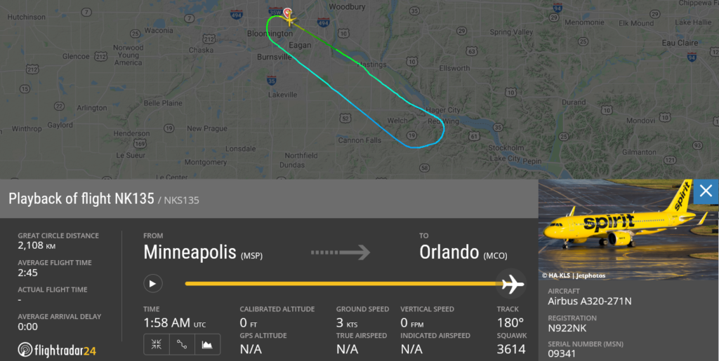 Spirit Airlines flight NK135 returned to Minneapolis due to engine issue