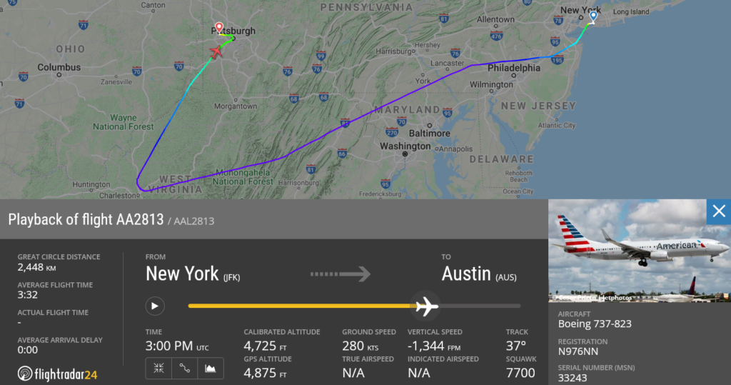American Airlines flight AA2813 declared emergency and diverted to Pittsburgh due to odor in cockpit