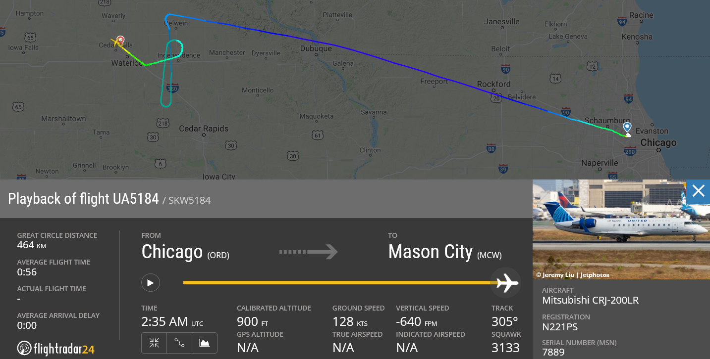 United Airlines flight UA5184 diverted to Waterloo due to engine issue