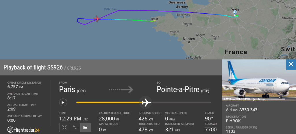 Corsair flight SS926 declared emergency and diverted to Brest due to smoke on board