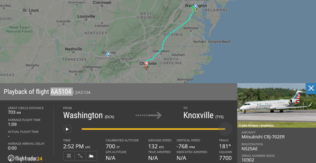 American Airlines flight AA5104 diverted to Charlotte due to possible landing gear issue
