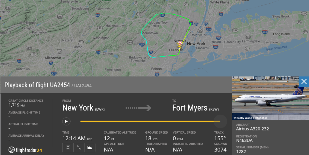 United Airlines flight UA2454 returned to New York due to bird strike