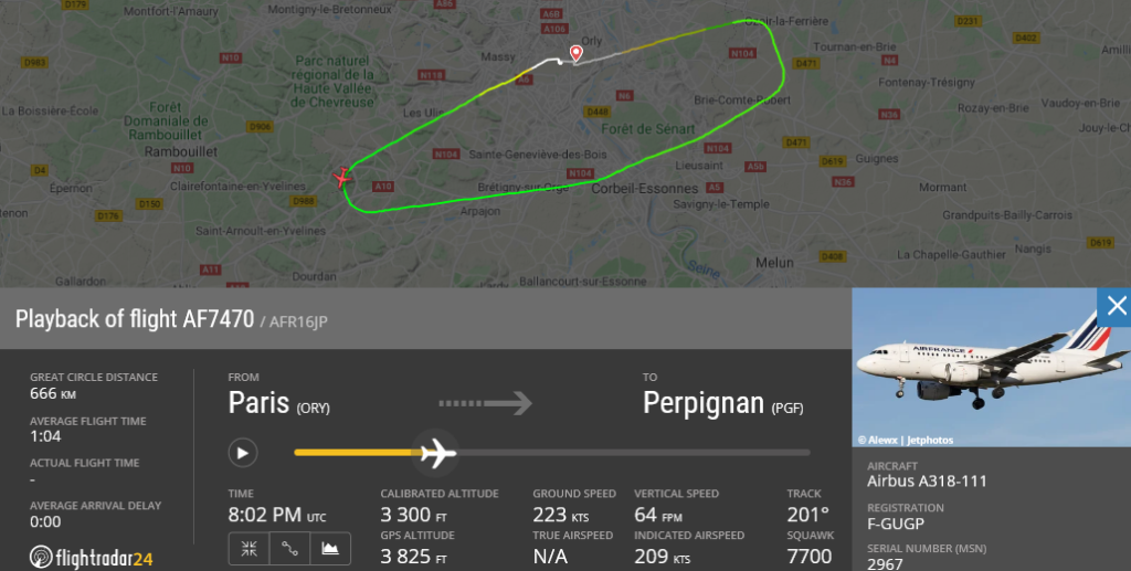 Air France flight AF7470 declared emergency and returned to Paris due to engine issue