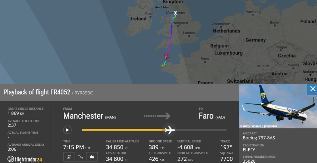 Ryanair flight FR4052 declared an emergency and diverted to Brest after smoke was smelt on board