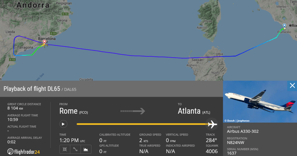 Delta Air Lines flight DL65 diverted to Barcelona due to disruptive passenger