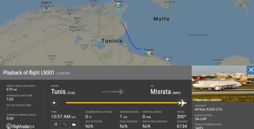 Libyan Airlines flight LN301 diverted to Tripoli due to technical issue