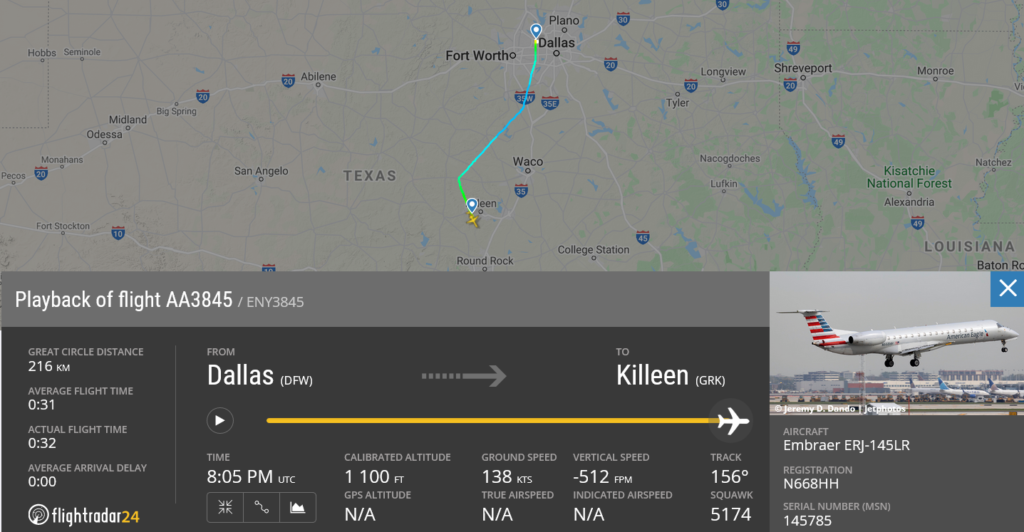American Airlines flight AA3845 made an emergency landing at Killeen due to cargo smoke indication