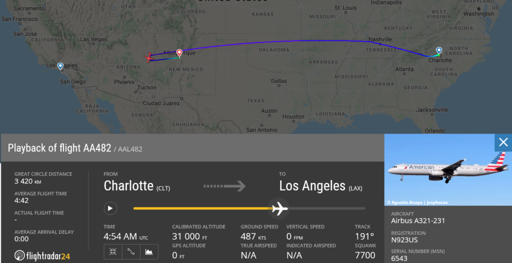 American Airlines flight AA482 declared an emergency and diverted to Albuquerque due to disruptive passenger