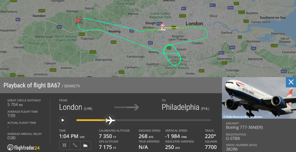British Airways flight BA67 from London to Philadelphia declared emergency and returned to London due to pressurisation issue
