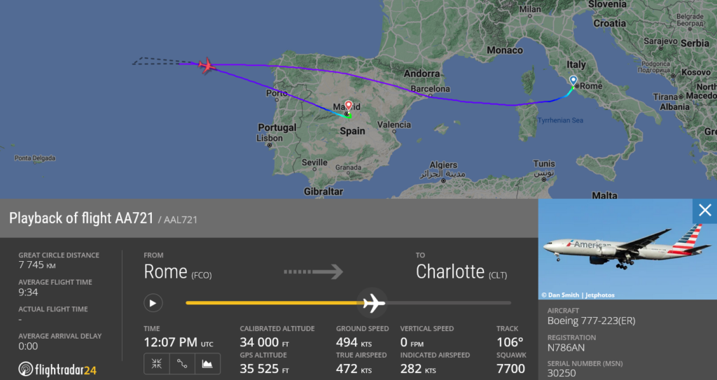 American Airlines flight AA721 declared emergency and diverted to Madrid due to possible mechanical issue