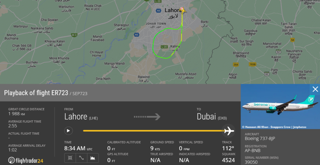 Serene Air flight ER723 from Lahore to Dubai returned to Lahore due to bird strike