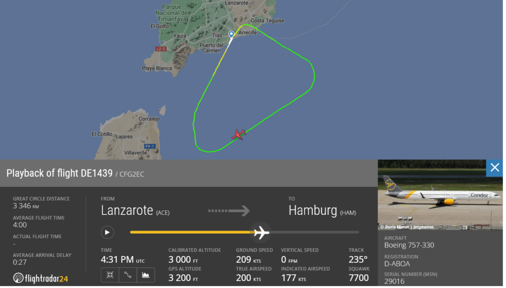 Condor flight DE1439 returned to Lanzarote due to possible engine issue